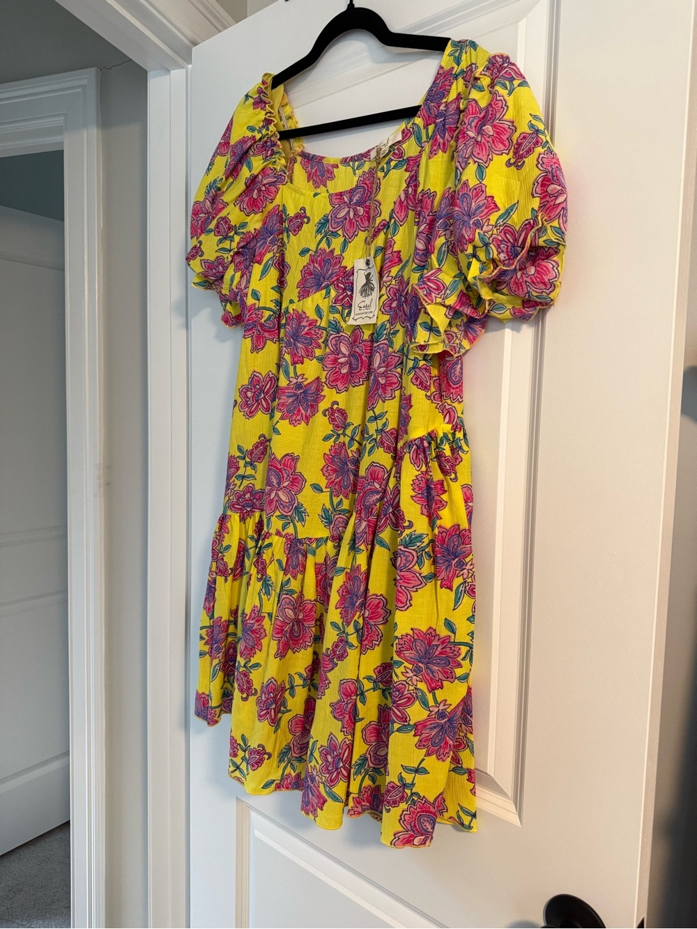 easel Yellow Mini Dress with Pink Floral Print
